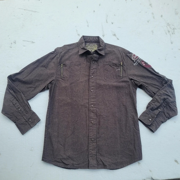Pelle Pelle Shirt Men's L Large Pearl Snap UP Brown Biker Legend Convertible Slv - Picture 1 of 10